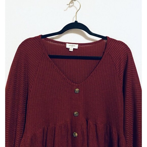 Umgee Dress Womens Large Burgundy Waffle Knit 3/4 Puffy Sleeve Pockets Oversized - Picture 2 of 6